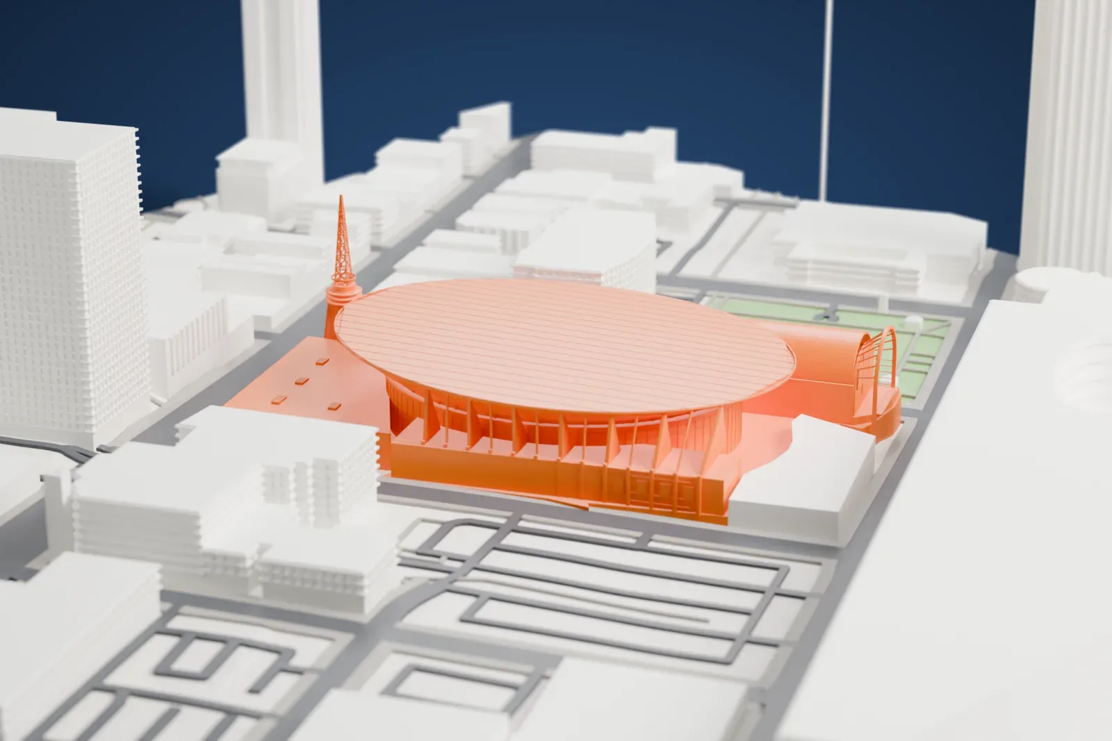 A white 3D print of Bridgestone Arena, with a broad oval roof, a tapered glass tower and an open mast above a curved glazed entrance, on a downtown block.