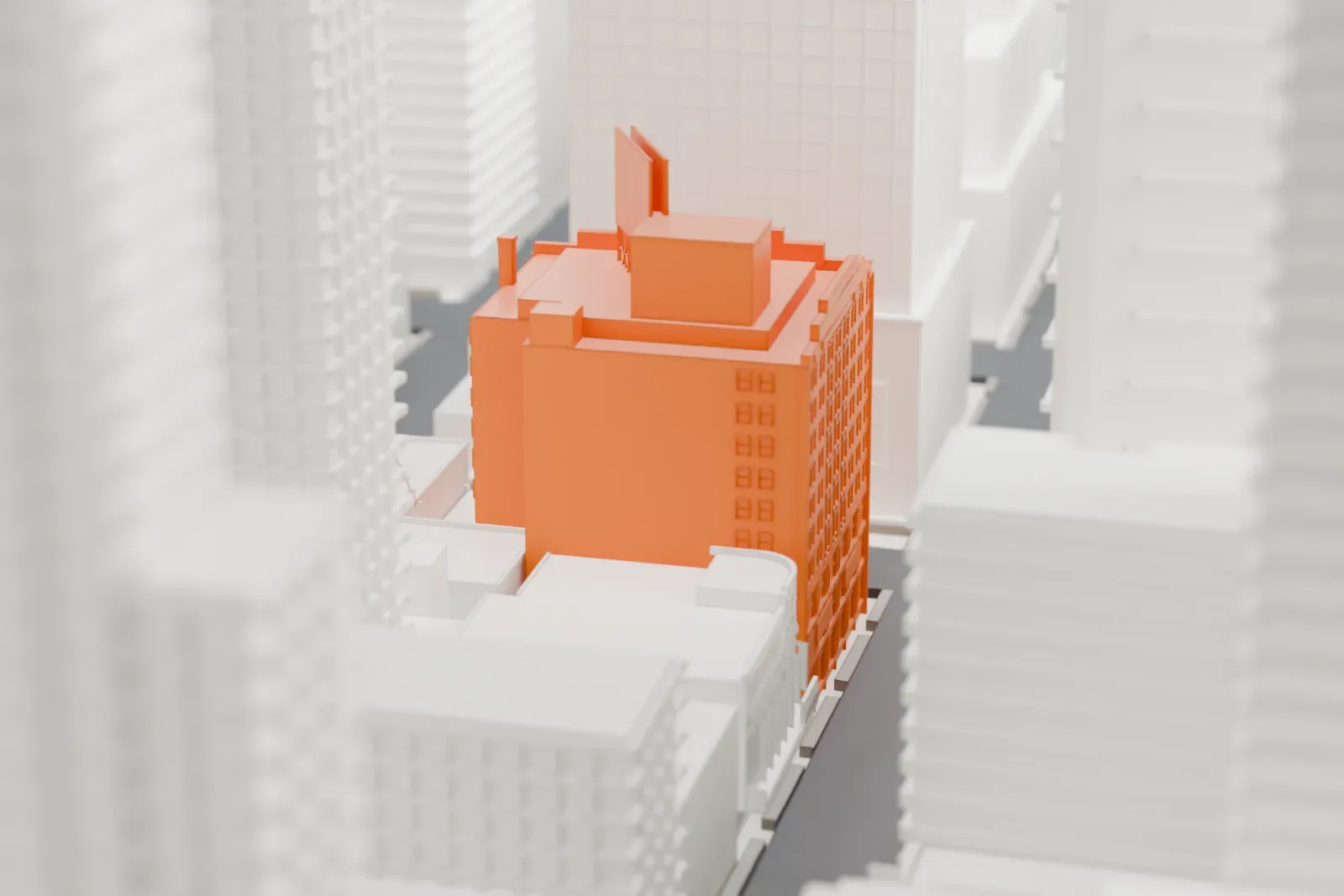 A white 3D print of the Brill Building, a mid-rise block with a rooftop water tank, hemmed in by much taller towers on city streets.