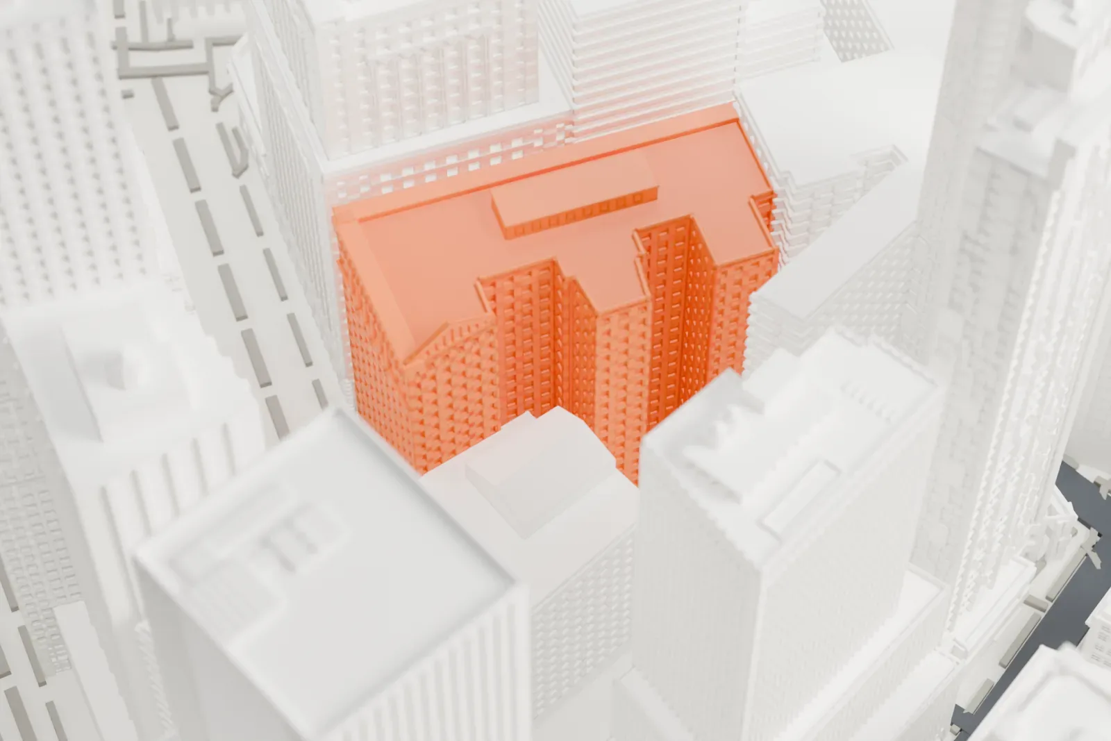 A white 3D print of the Broad Exchange Building, a tall tower with rows of windows and a projecting cornice, squeezed between much taller towers in a dense district.
