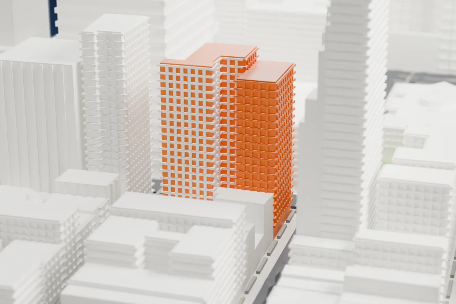 A white 3D print of the Broadway–Chambers Building, a narrow ornamented tower with an arcade at the top, surrounded by taller buildings.