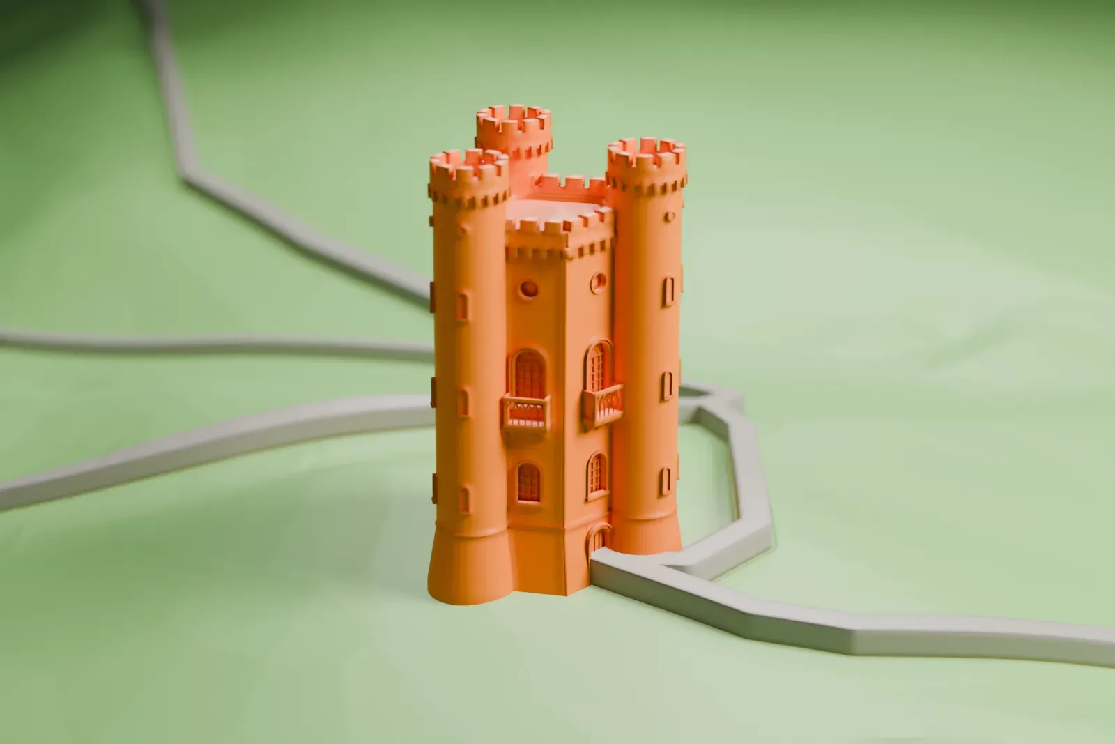 A white 3D print of Broadway Tower, a hexagonal tower with three round turrets, standing on its hill above the village.