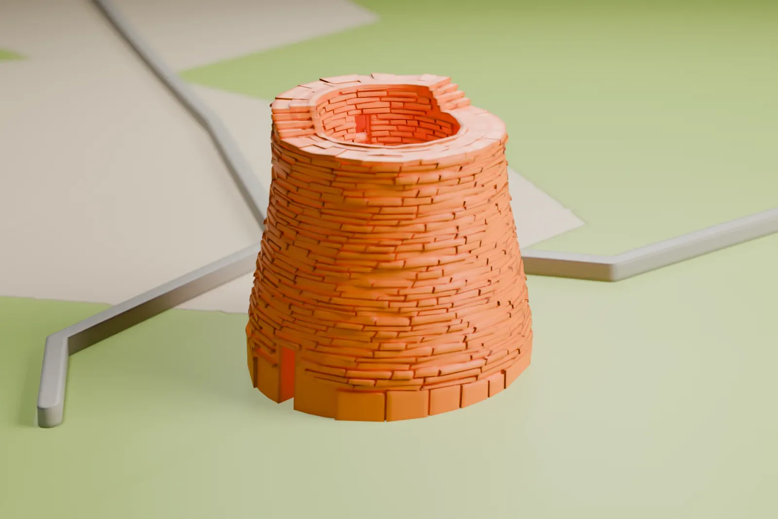 A white 3D print of the Broch of Mousa, a round dry-stone tower standing on its island shore with the sea around it.