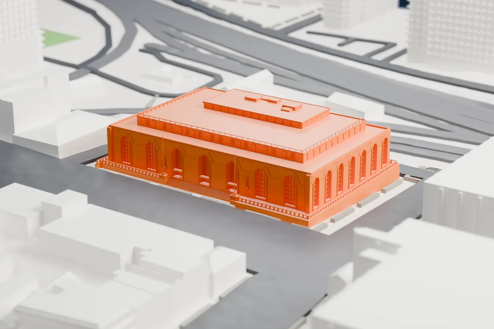 A white 3D print of the Bronx General Post Office, a wide, low building with arched windows, set among roads and smaller buildings.
