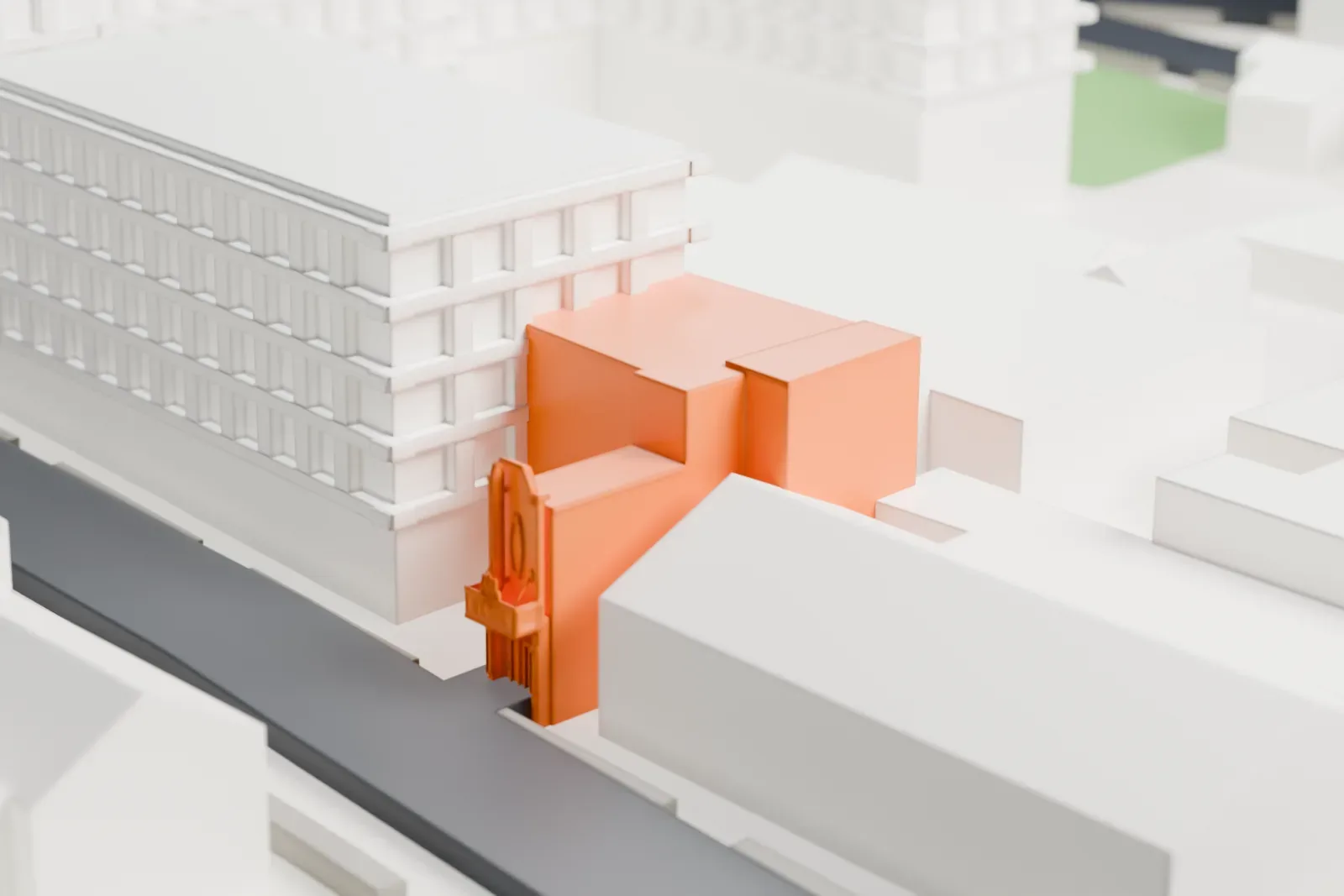 A white 3D print of the Brook Arts Center, a compact theater building with a tall thin sign at its front, set among low buildings beside a narrow street.
