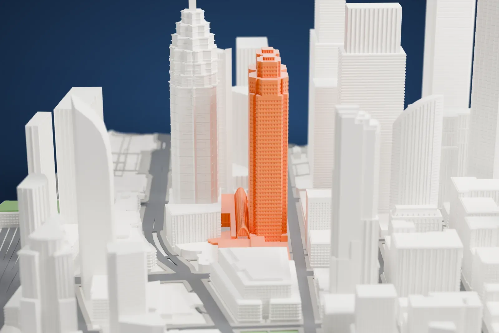 A white 3D print of Brookfield Place in Toronto, with the surrounding streets and buildings around it.