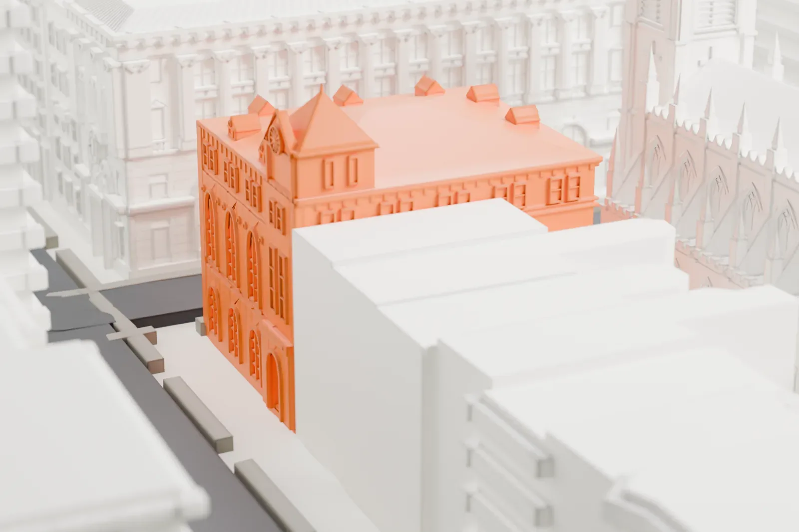 A white 3D print of the Brooklyn Historical Society Building, a corner building with a pyramid-roofed tower and small roof dormers, set among much taller buildings.