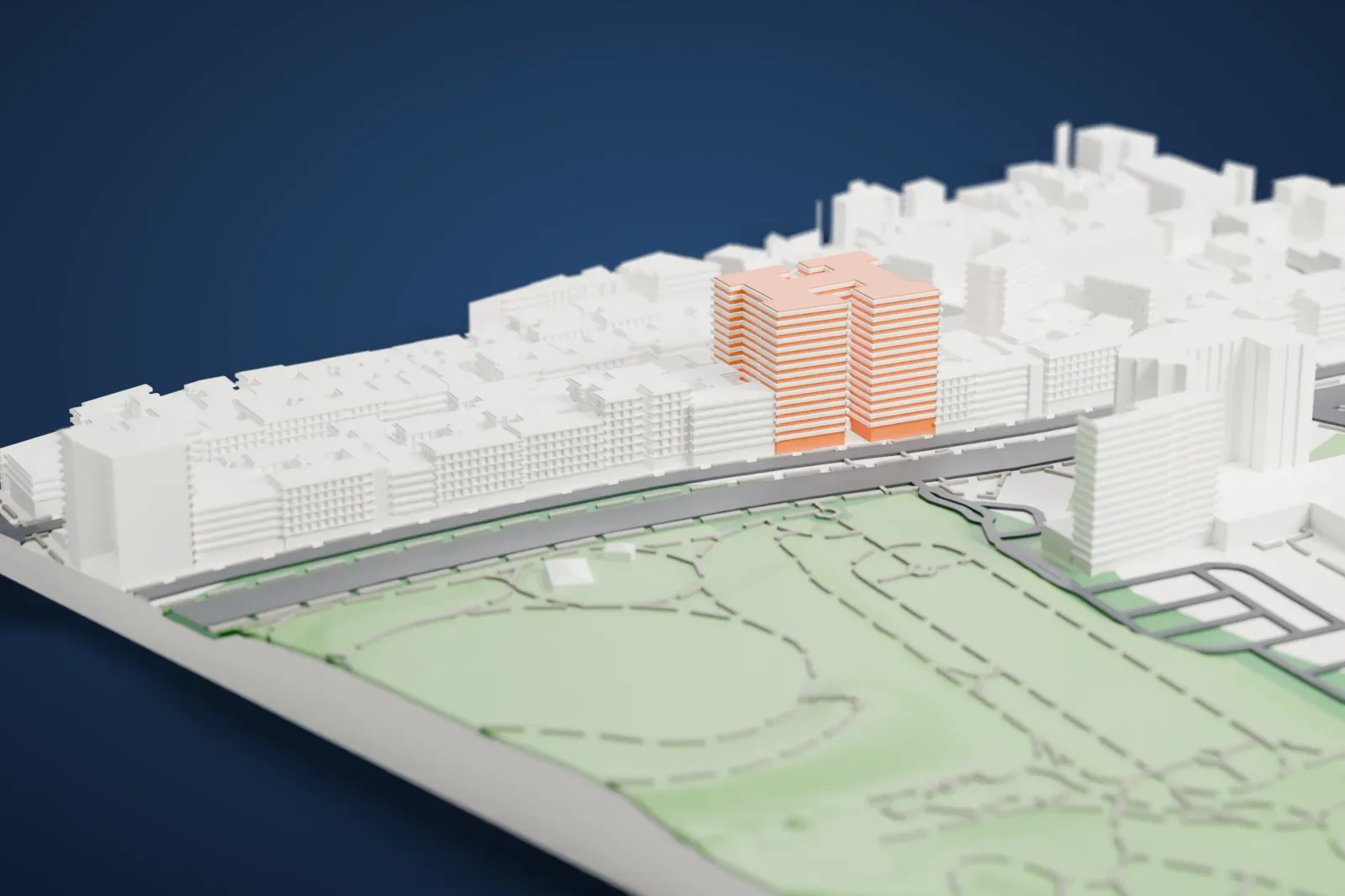 A white 3D print of the Brooklyn Museum, a wide building with a central dome and curved steps, surrounded by green park land and streets.