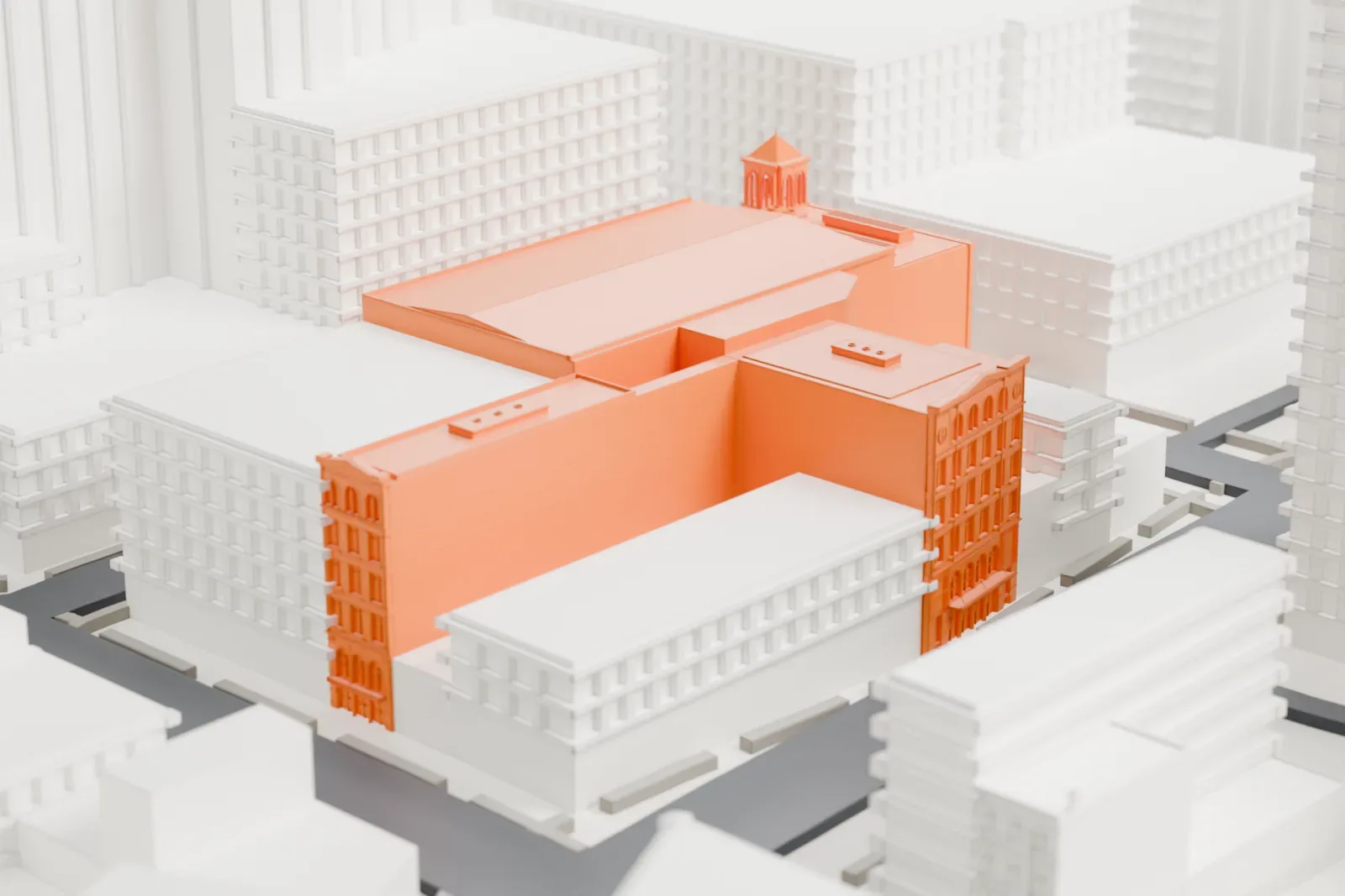 A white 3D print of the Brooklyn Tabernacle, a broad low building with a small corner cupola, among taller downtown blocks and streets.