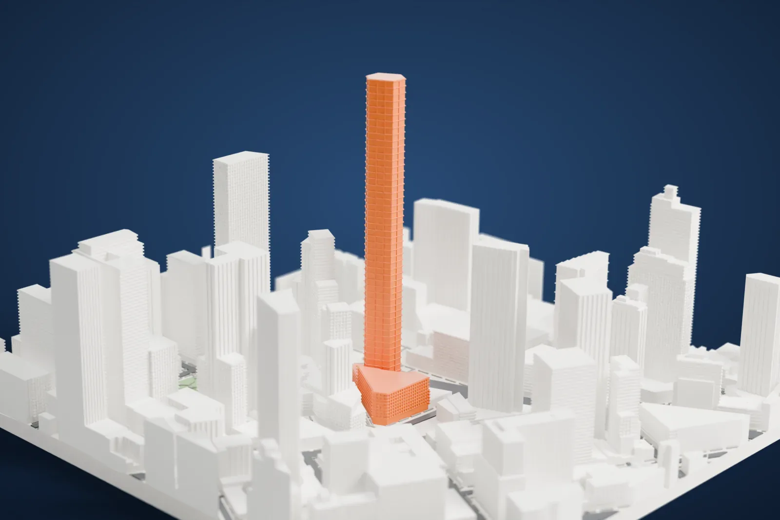 A white 3D print of the Brooklyn Tower, a very tall slender tower with a domed building at its foot, rising above the surrounding city blocks.