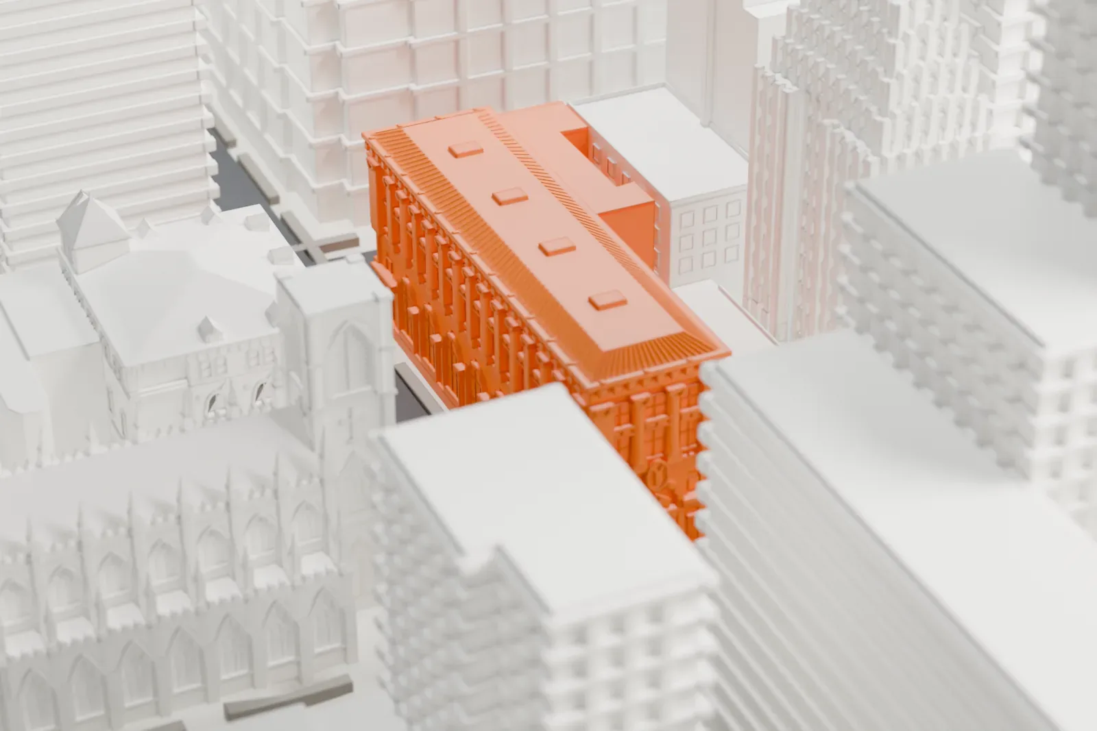 A white 3D print of the Brooklyn Trust Company Building, a wide palazzo-style block with tall arches and a ribbed roof, among taller buildings and beside a church with pointed spires.