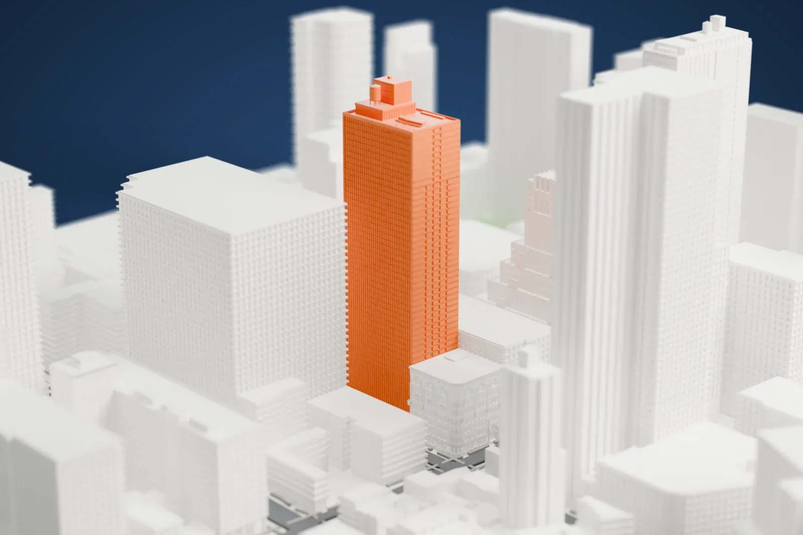 A white 3D print of the Brooklyner, a slim rectangular tower with small structures on its roof, standing among taller and shorter buildings along narrow streets.