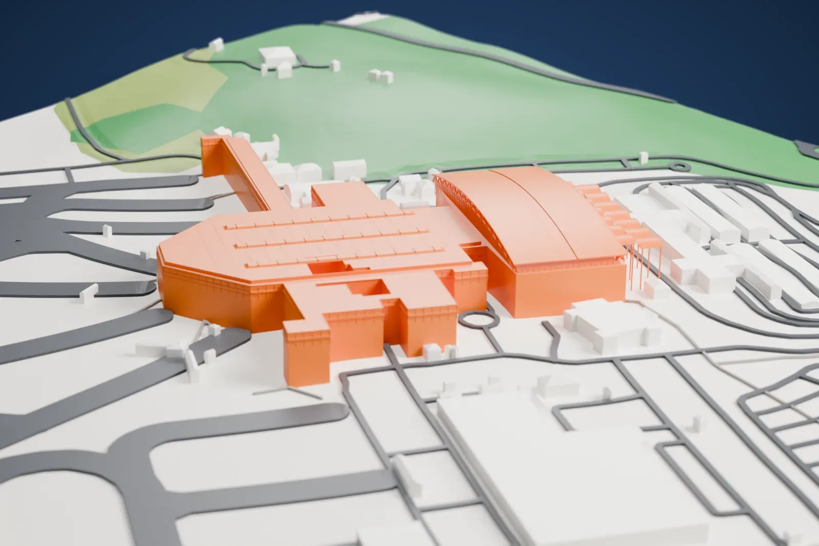A white 3D print of Brunei International Airport, its terminal buildings and lower airport buildings on open grounds.