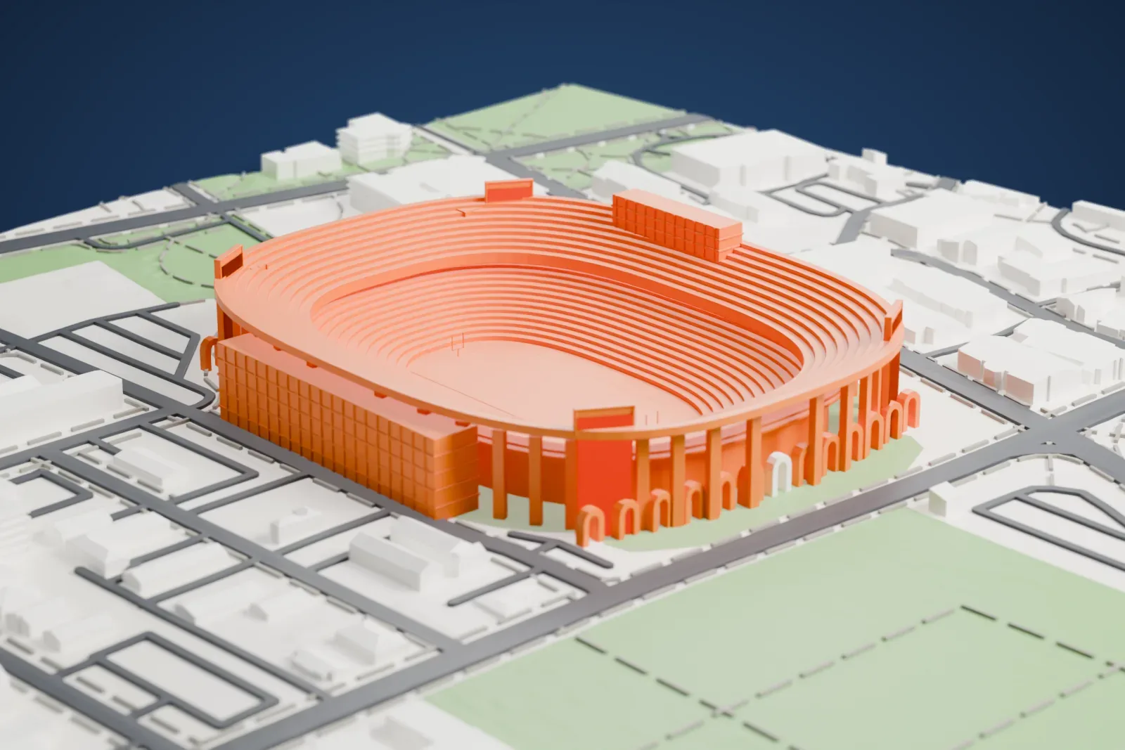 A white 3D print of Bryant–Denny Stadium, a tiered oval bowl with arched openings along its outer wall, surrounded by streets, low buildings and green fields.