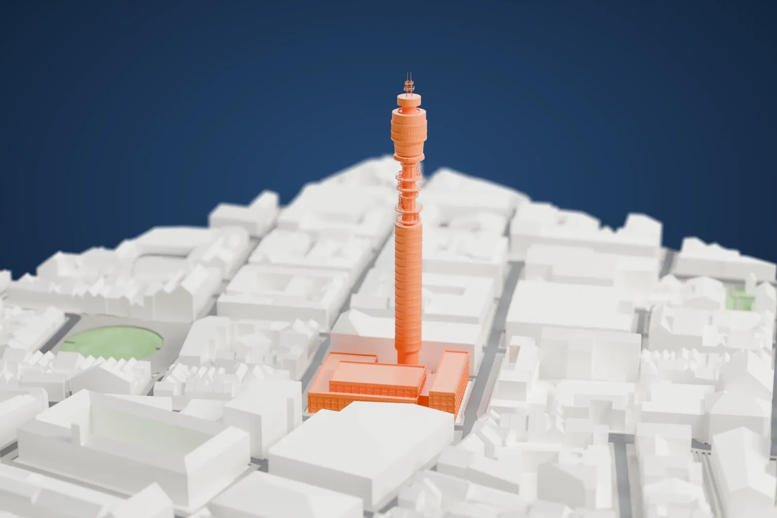 A white 3D print of the BT Tower, a tall, slim cylinder rising far above the streets and buildings of Fitzrovia around it.