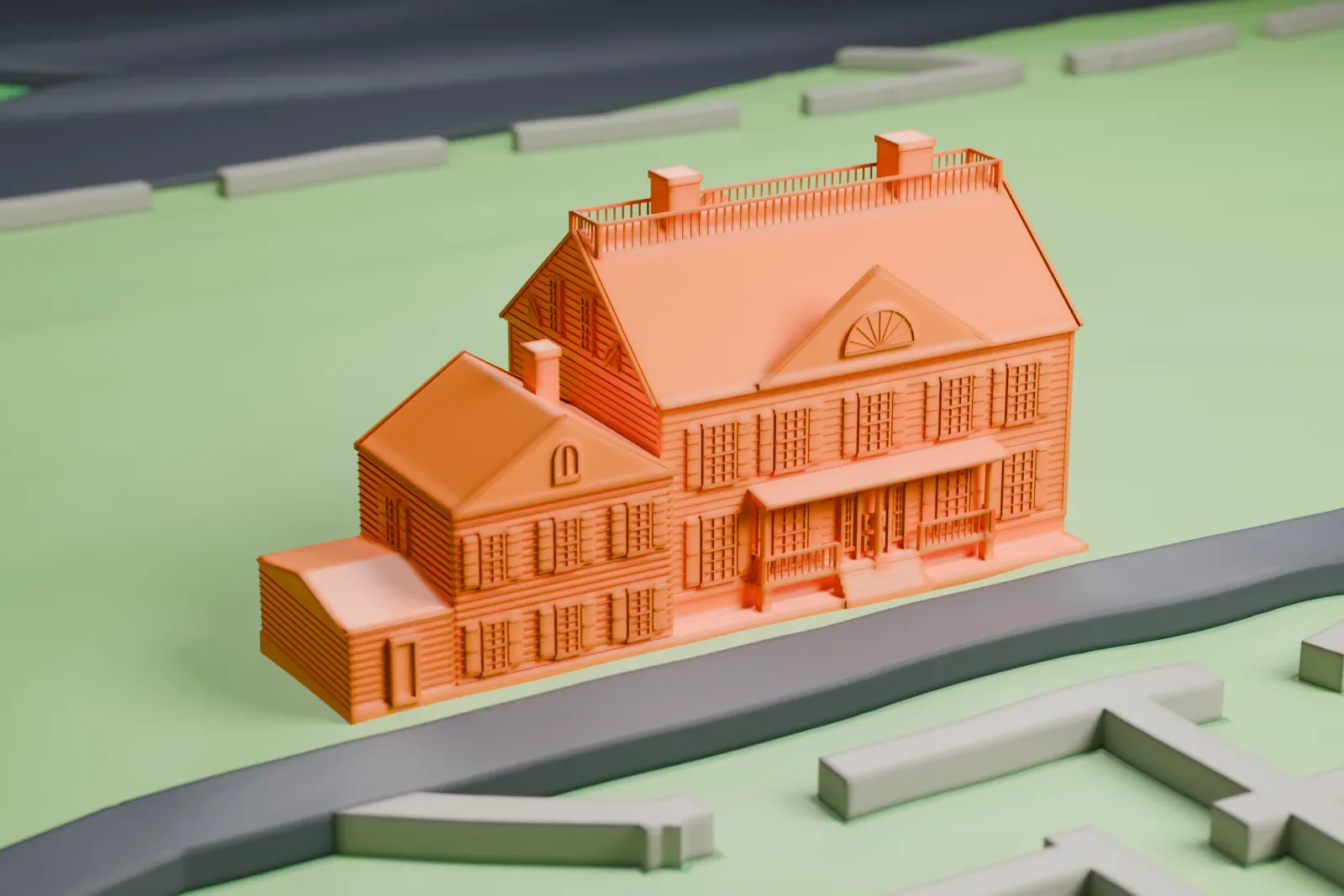 A white 3D print of Buccleuch Mansion, a two-story house with a pedimented front, chimneys and a smaller wing, standing on green parkland beside a road.