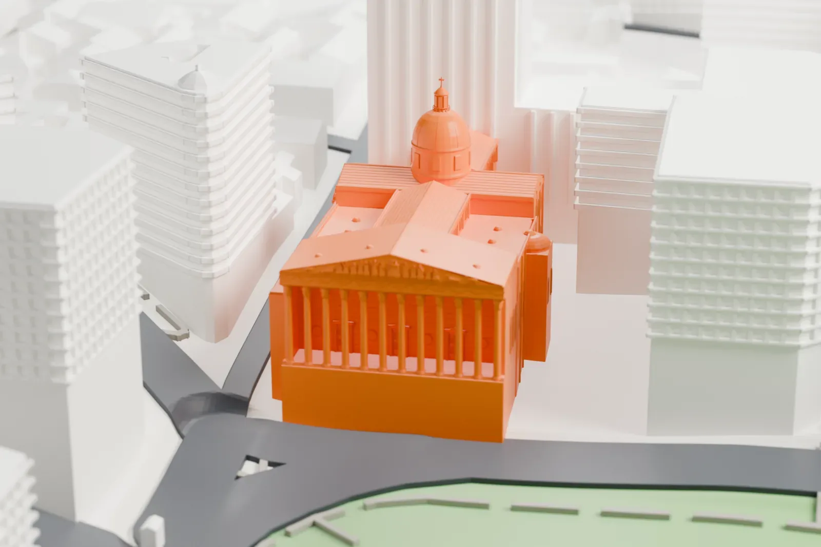 A white 3D print of the Buenos Aires Metropolitan Cathedral, with a columned portico and a dome with a small lantern, squeezed between tall city buildings.