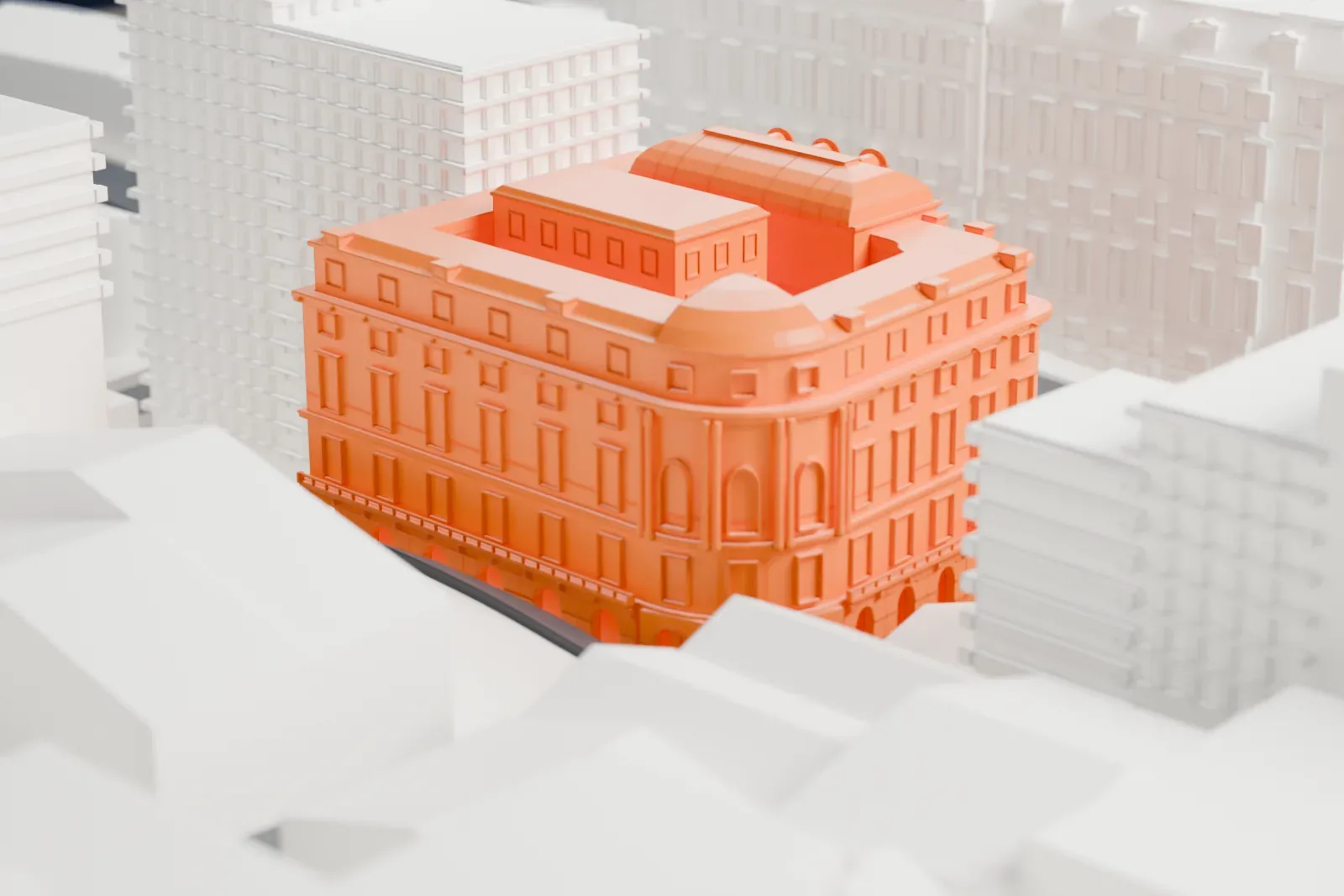 A white 3D print of the Buenos Aires Stock Exchange headquarters, a low building with a columned front, set among taller buildings and surrounding streets.