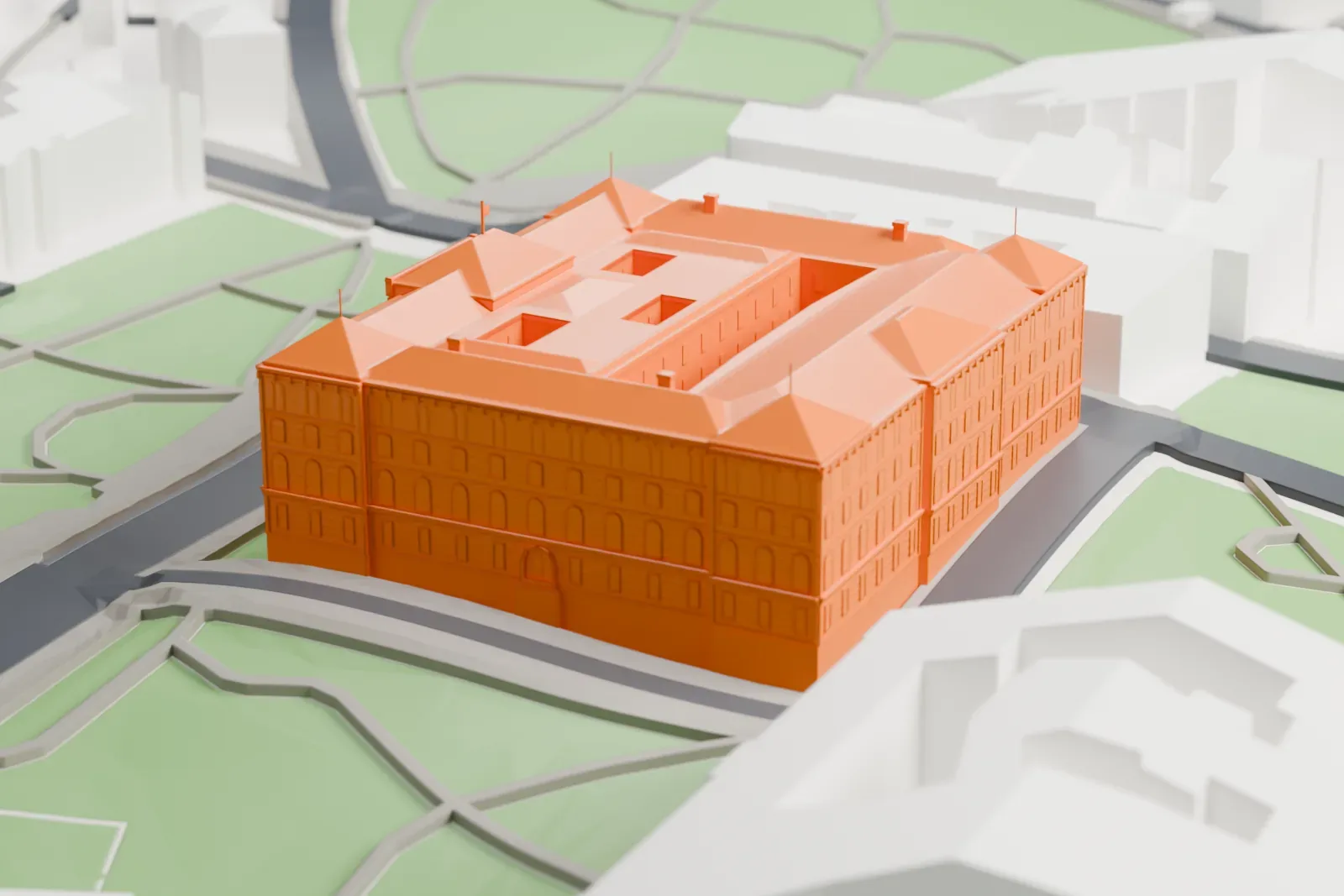 A white 3D print of the Building of the Presidency of Bosnia and Herzegovina, a large hip-roofed building around an inner court, among surrounding streets and small green areas.
