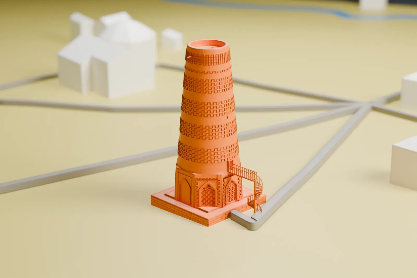 A white 3D print of the Burana Tower, a tapered brick minaret with banded walls and a spiral stair beside it, standing on its site near Tokmok.
