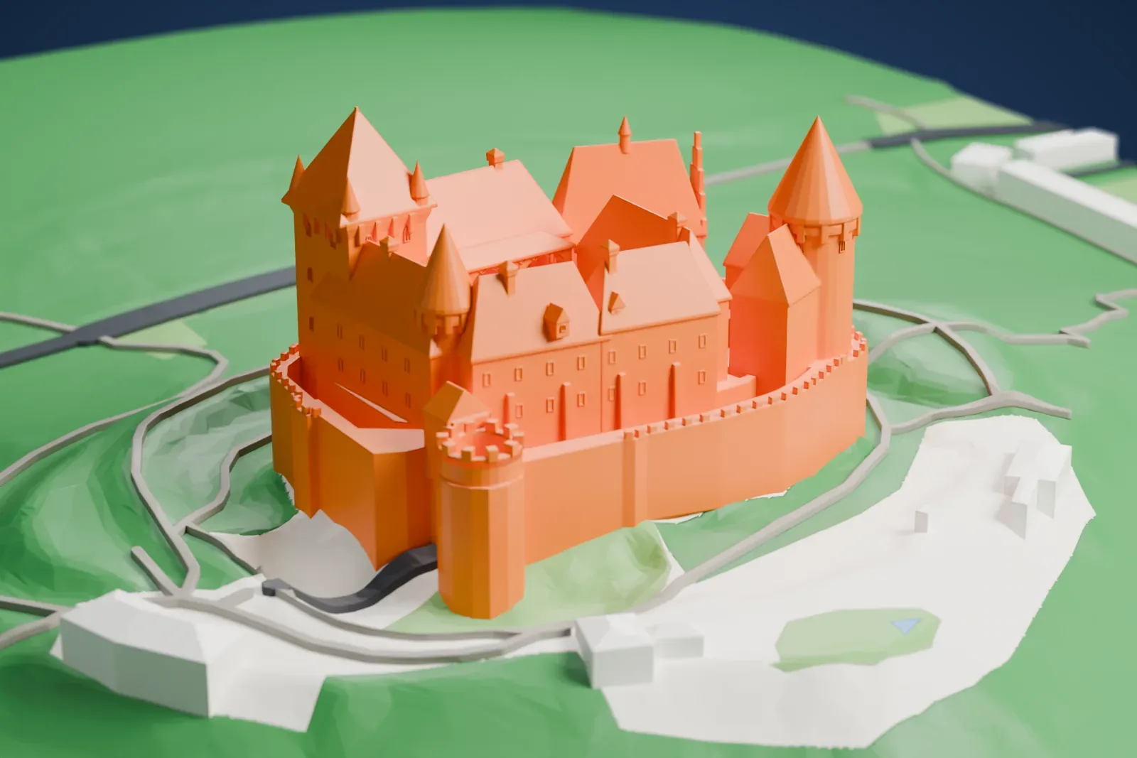 A white 3D print of Burg Kreuzenstein on its rise above Leobendorf, with the surrounding countryside.