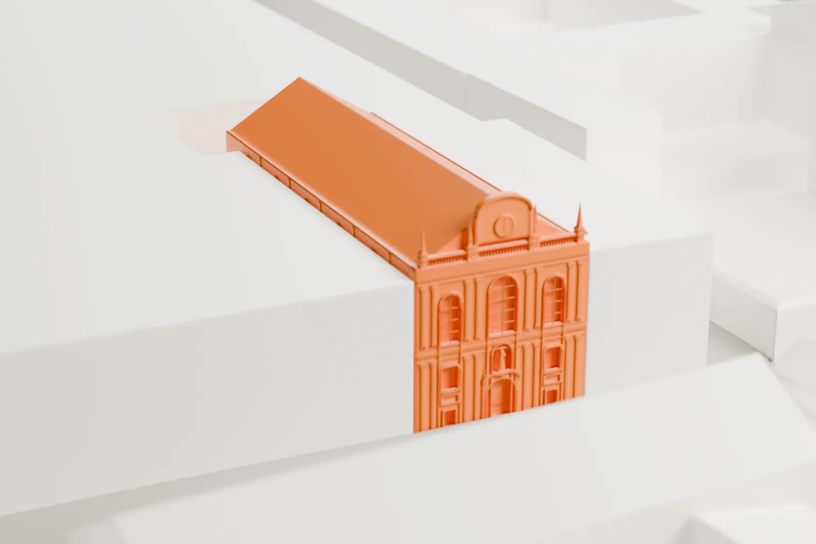 A white 3D print of the Bürgersaalkirche, surrounded by streets and buildings.