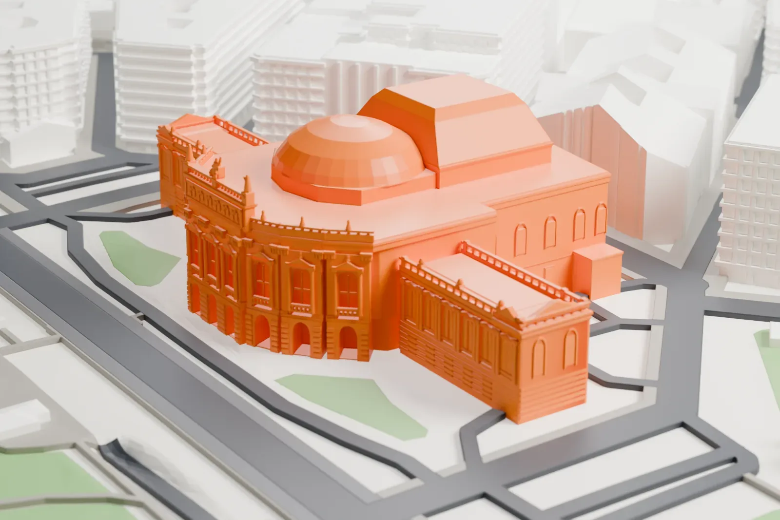 A white 3D print of the Burgtheater in Vienna, with the surrounding streets and buildings around it.