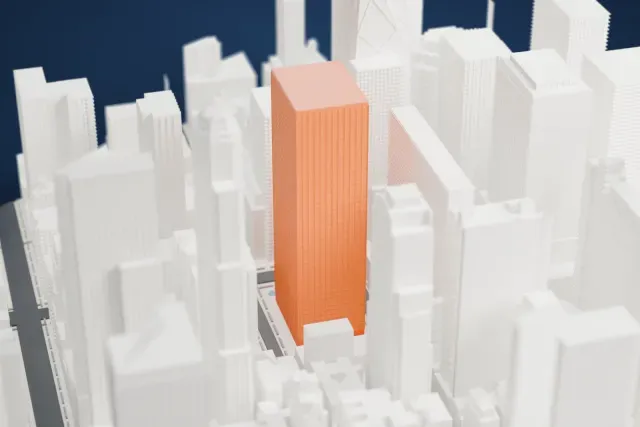A white 3D print of the Burlington House model in New York, with the streets around it.