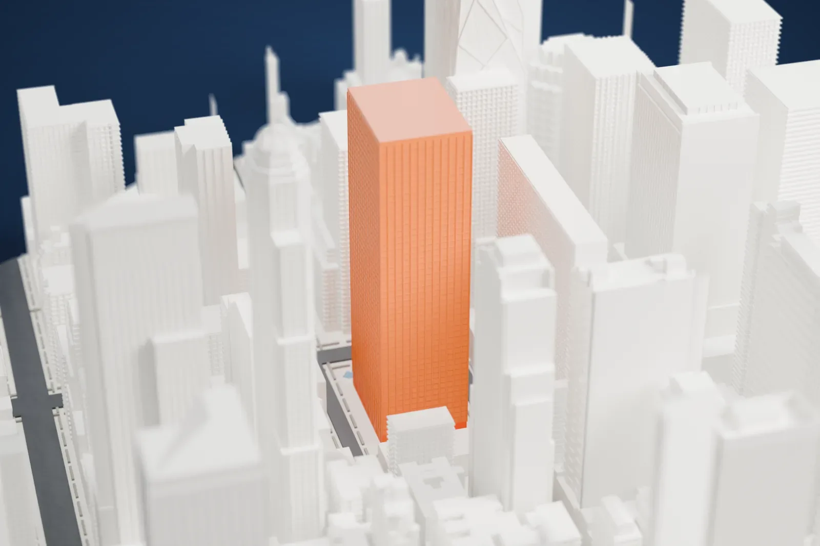 A white 3D print of the Burlington House tower, with a flat roof and gridded facades amid densely packed buildings of varying heights.