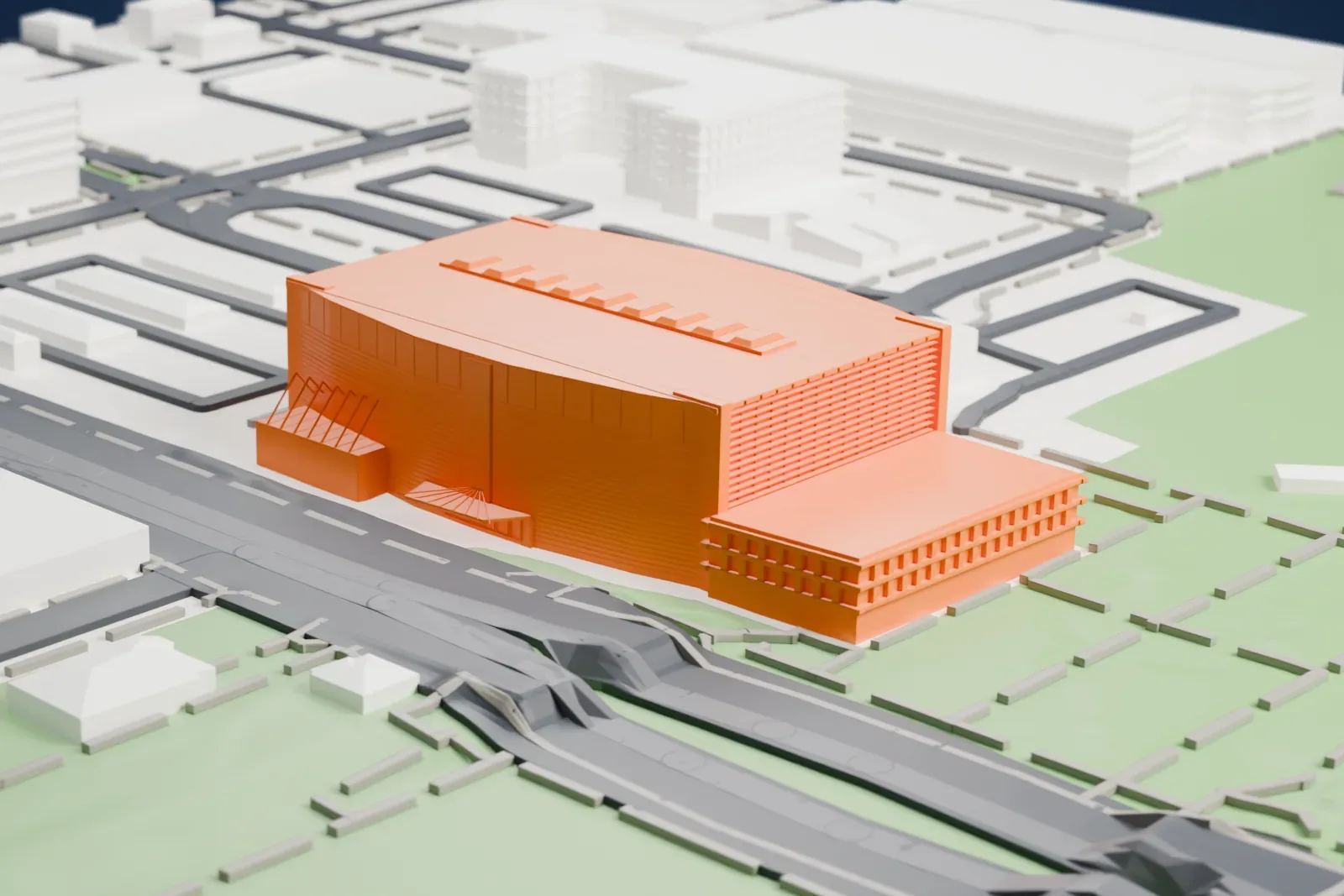 A white 3D print of the Burton Barr Central Library, a broad building with a row of fins along its roof, among lawns, roads and a few low buildings.
