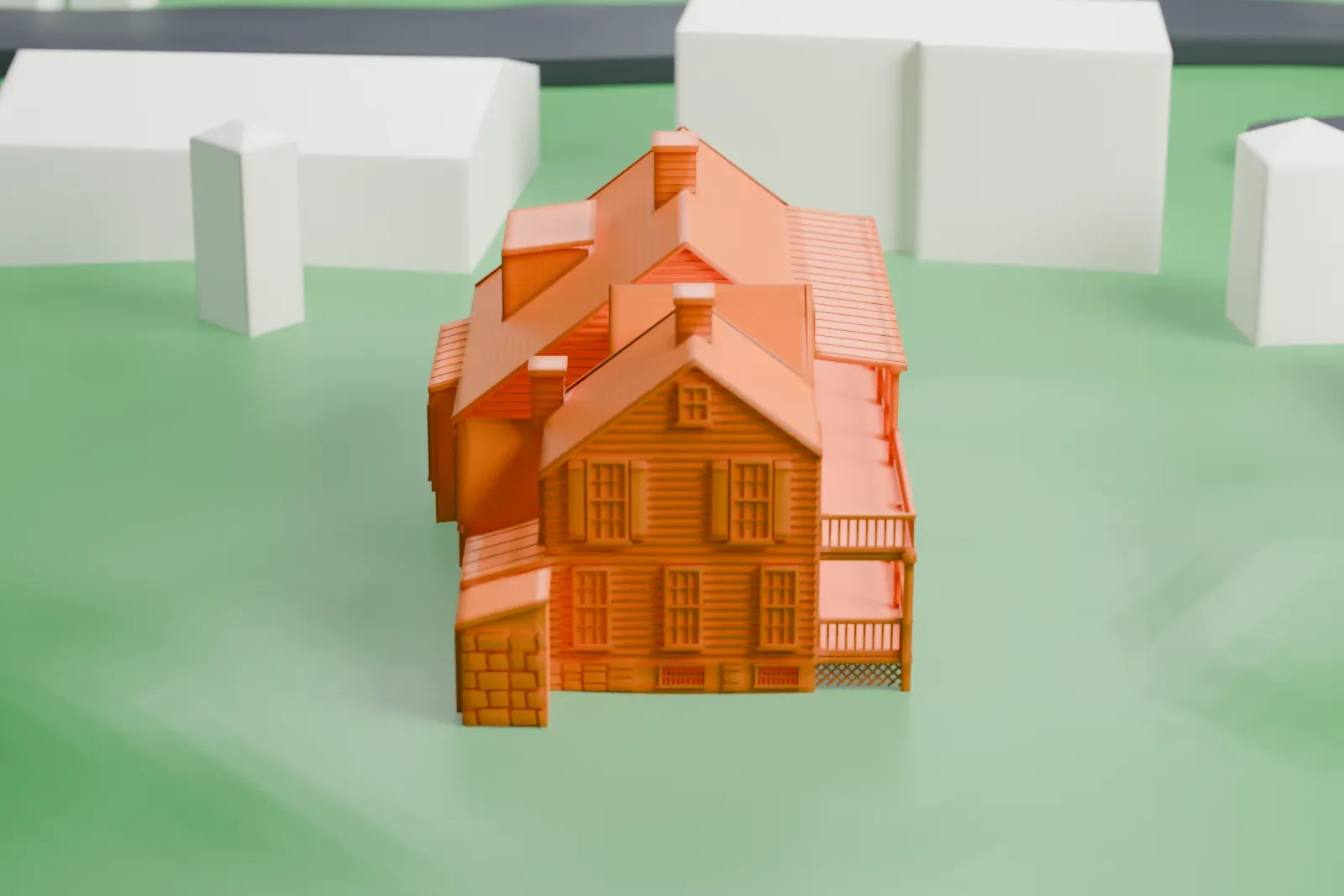 A white 3D print of the Bush-Holley House, a two-story house with a long porch, several roof gables and chimneys, standing on a green lawn with a few buildings and a road nearby.