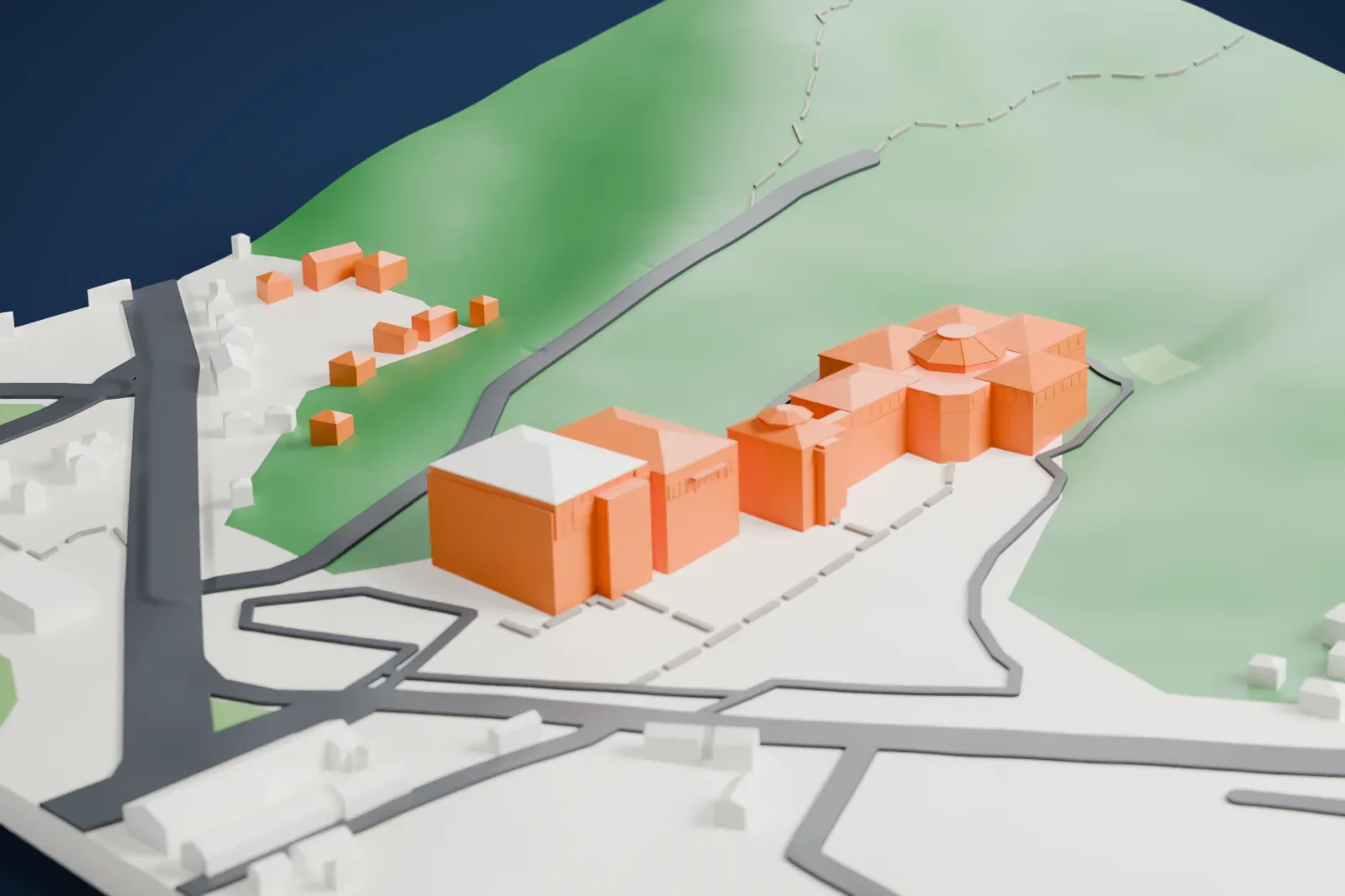 A white 3D print of Buyeo National Museum, a cluster of hip-roofed buildings with a small central roof, on a green hillside with winding roads and a few small buildings nearby.
