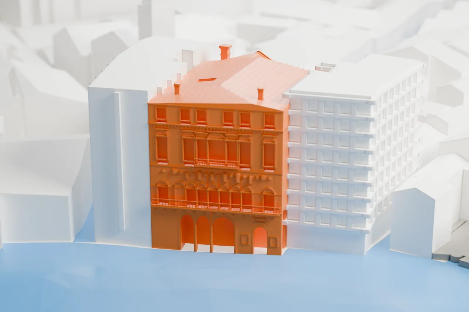 A white 3D print of Ca' da Mosto, a canal-side palace with a long arcaded front, balcony and shallow tiled roof, among the surrounding buildings.