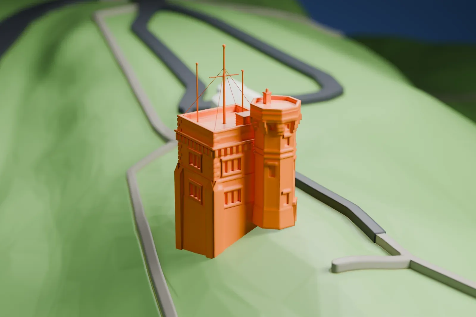 A white 3D print of Cabot Tower, a small stone tower, among the surrounding streets and buildings.