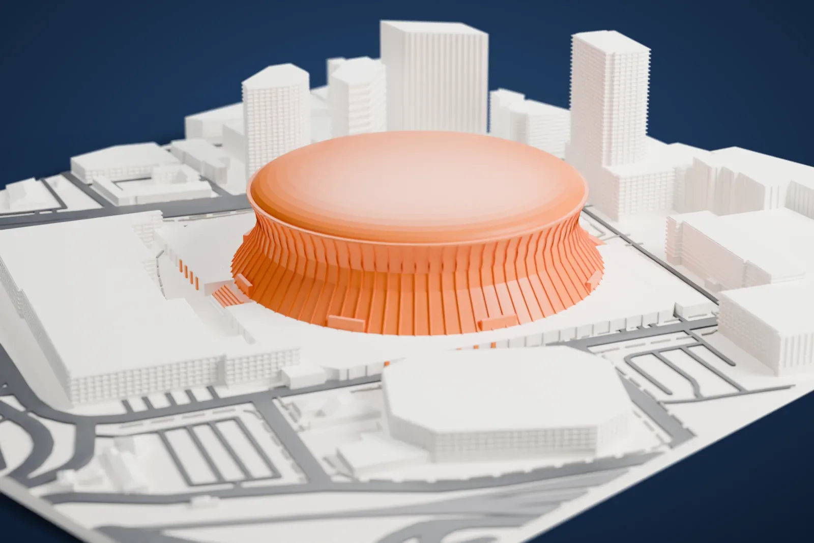 A white 3D print of the Caesars Superdome, a wide saucer-shaped domed stadium with a flared, ribbed base, surrounded by city streets, low buildings and a few tall towers.