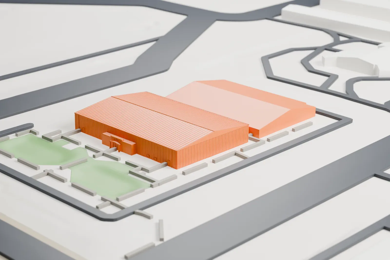 A white 3D print of the CAF Airbase Arizona hangars, a low hangar with a ribbed gabled roof beside a second building, with paved ground, grass strips and paths around them.