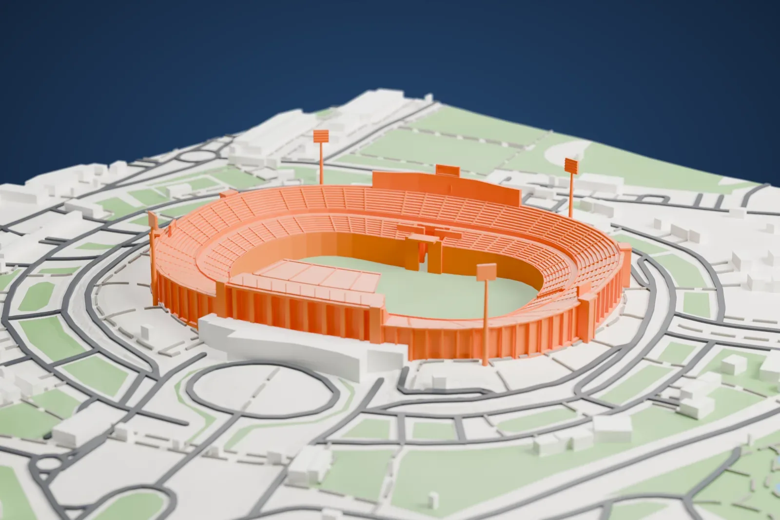 A white 3D print of the Cairo International Stadium, an open oval bowl with a canopy over the main stand and floodlight towers at the corners, among streets and buildings.