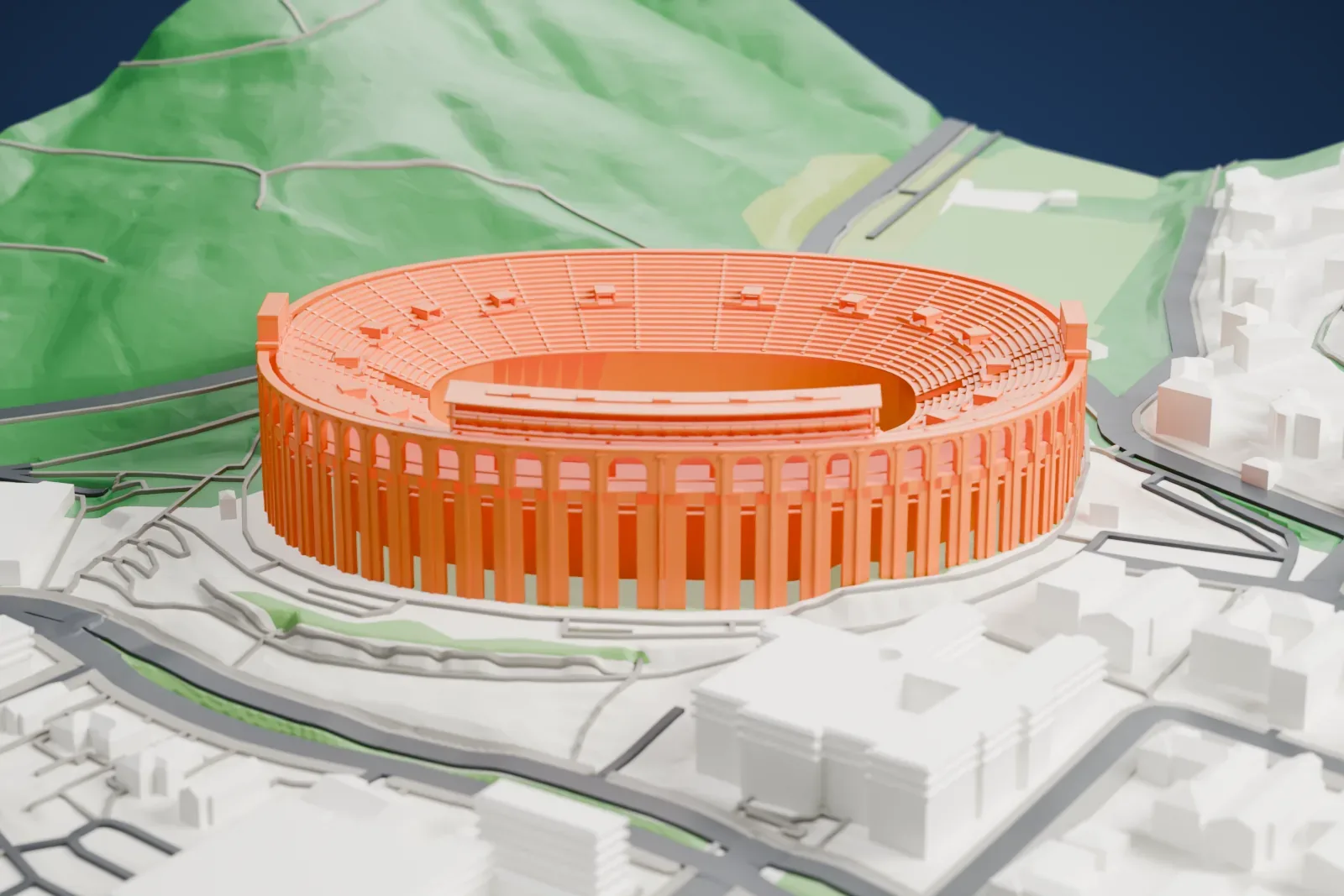 A white 3D print of California Memorial Stadium, an open oval football bowl with a curved two-level press box along one rim, among campus buildings.