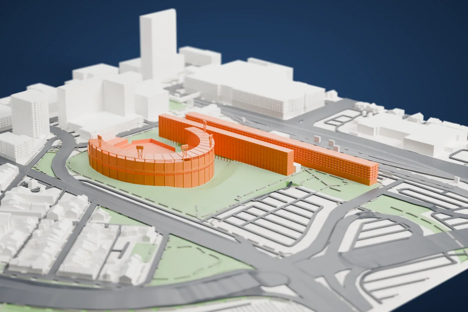 A white 3D print of Camden Yards, a curved baseball ballpark with an open field and light towers, beside a long tall building and surrounded by streets, green lawns and city blocks.