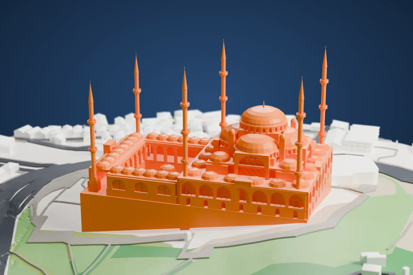 A white 3D print of the Çamlıca Mosque in Istanbul, shown in its surroundings.