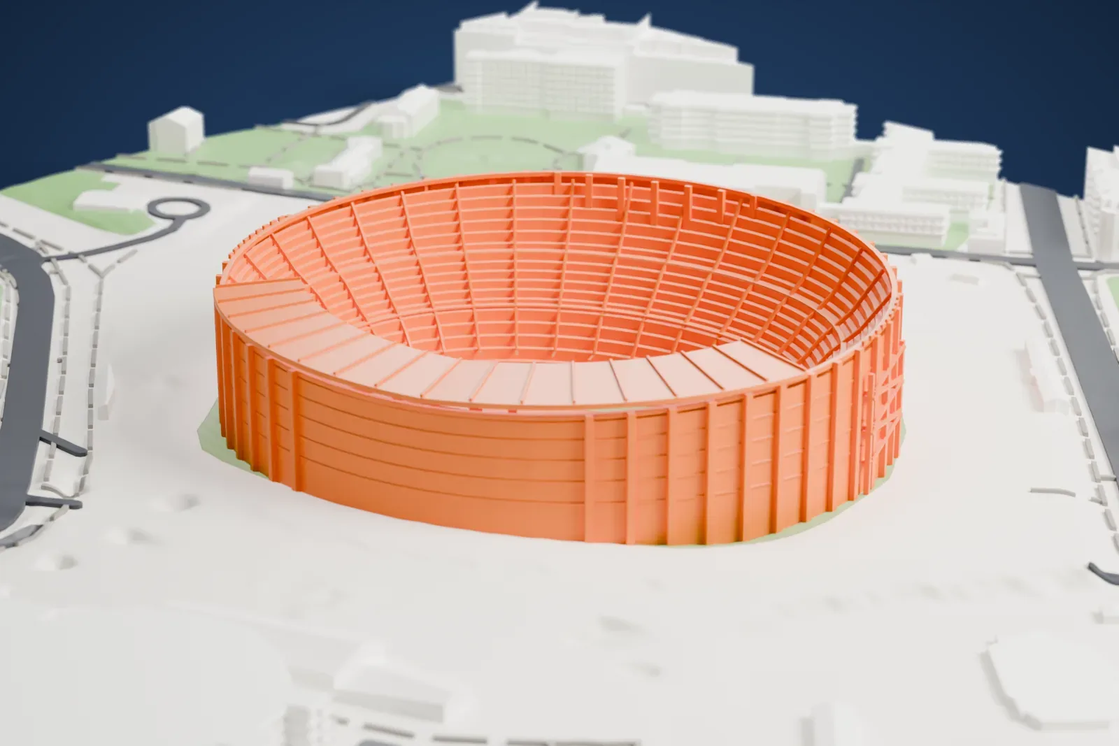 A white 3D print of Camp Nou, an oval stadium bowl with tiered stands, surrounded by streets, buildings and green areas.