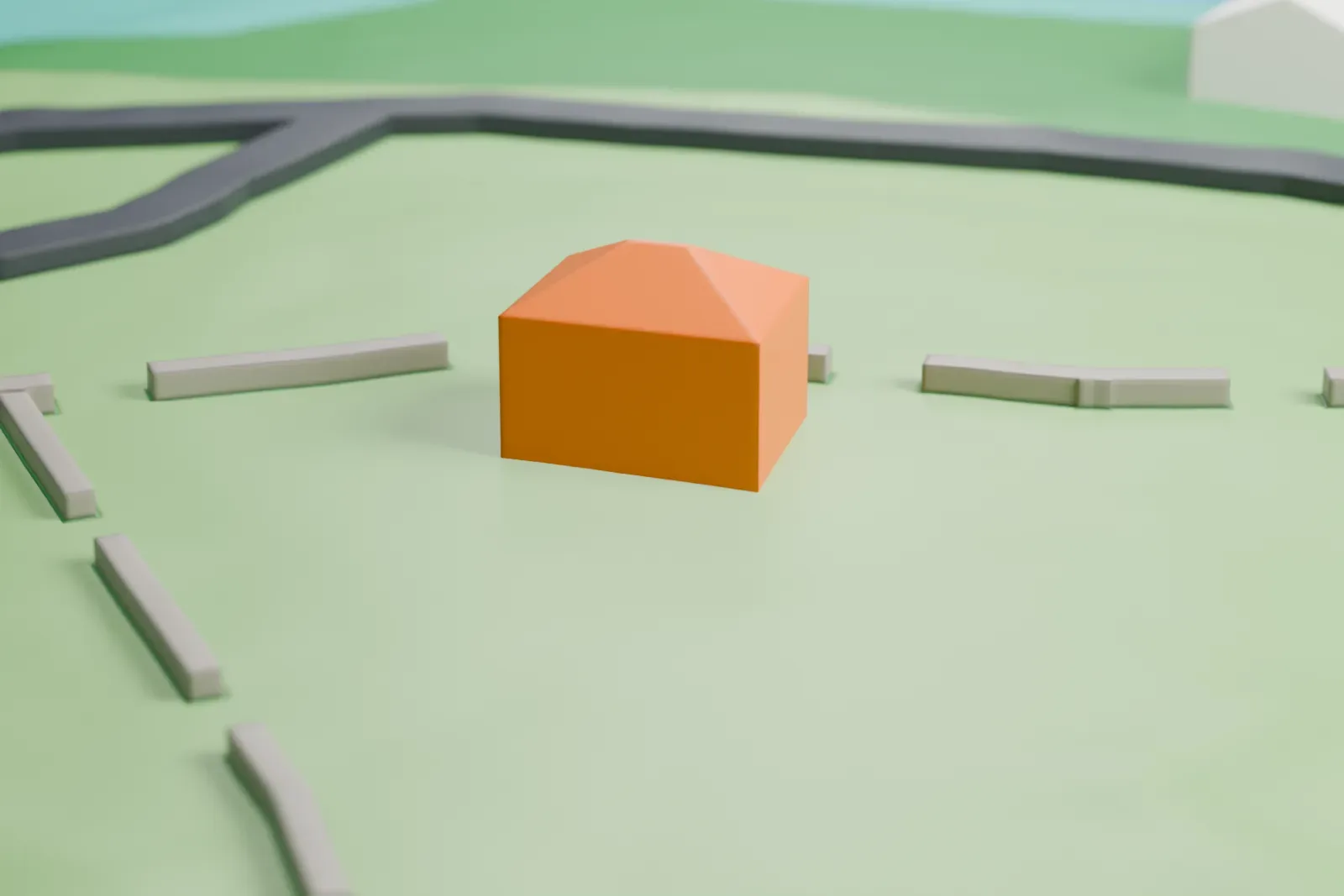 A white 3D print of the Campbell-Christie House, a small house with dormers, chimneys and a rear wing, standing on an open lawn.