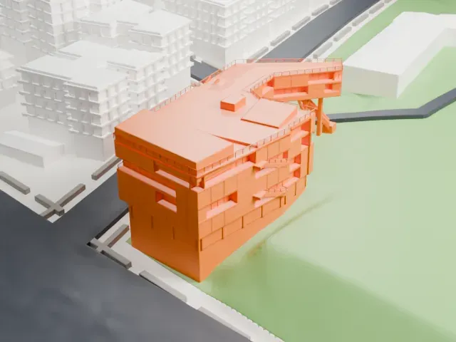 Campbell Sports Center model, East view