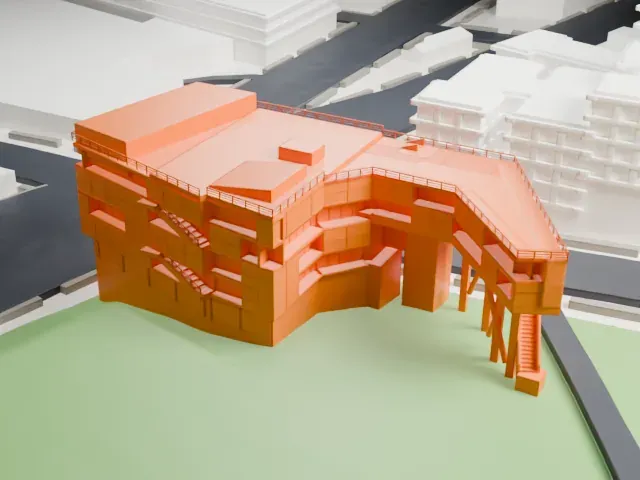 Campbell Sports Center model, North view