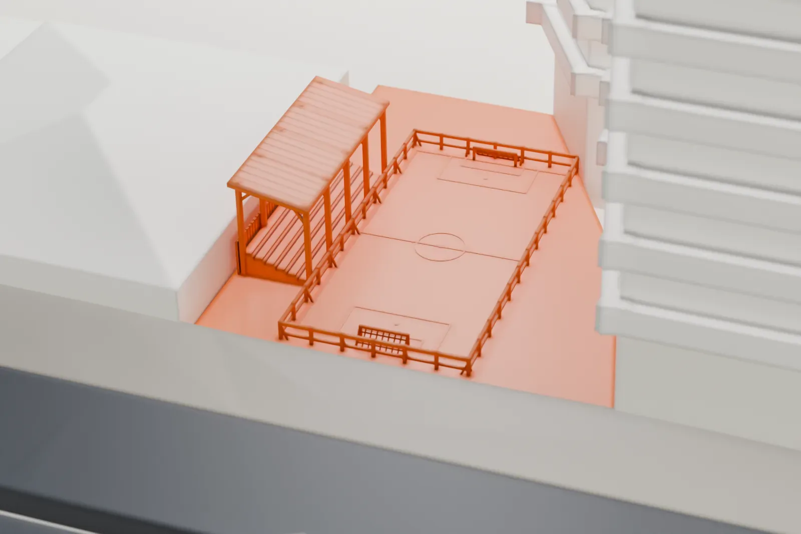 A white 3D print of the Campo de O'Donnell site with the surrounding streets and buildings.