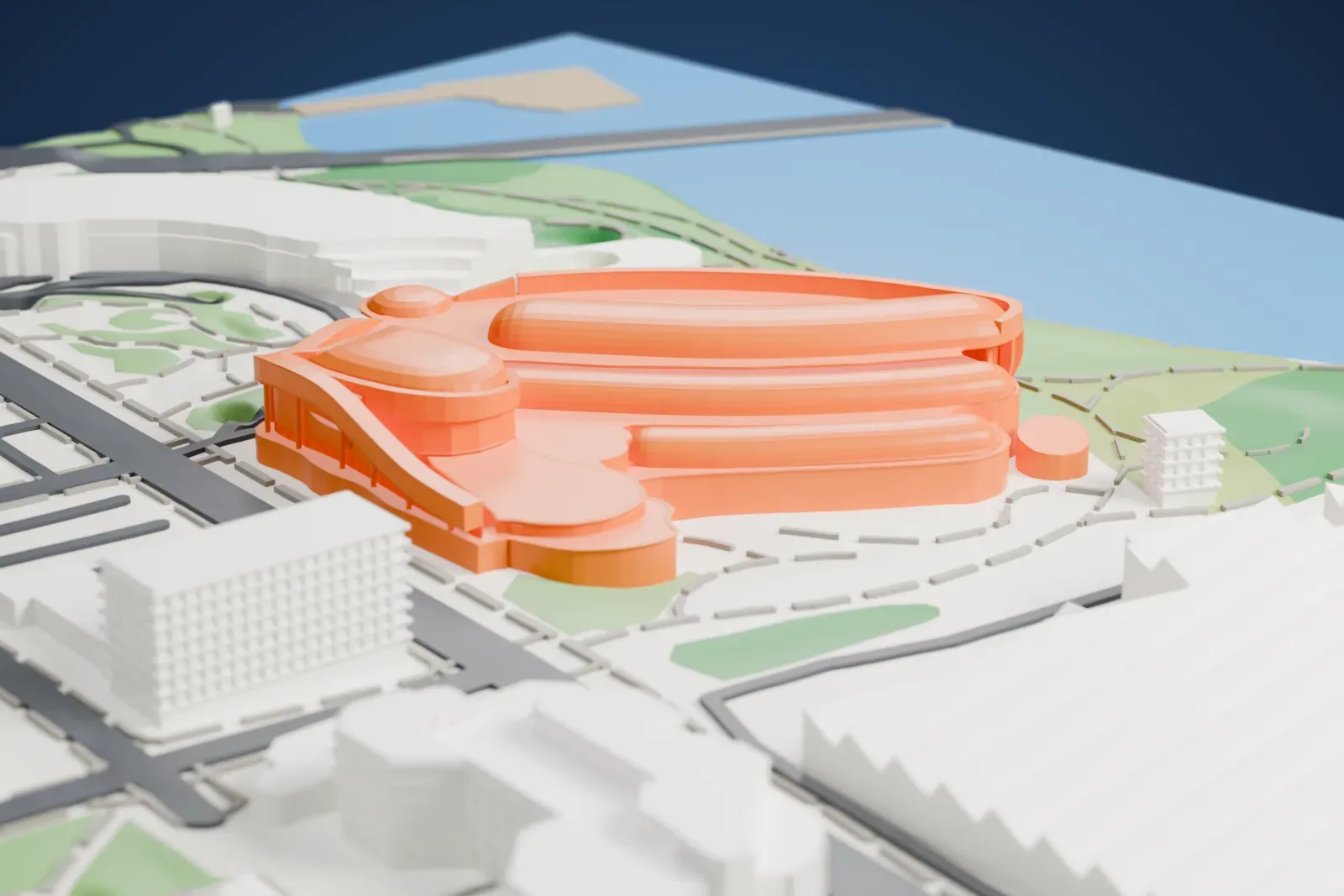 A white 3D print of the Canadian Museum of History, a long low building with sweeping curved roofs and rounded domes, set among parkland, winding paths and a stretch of water.