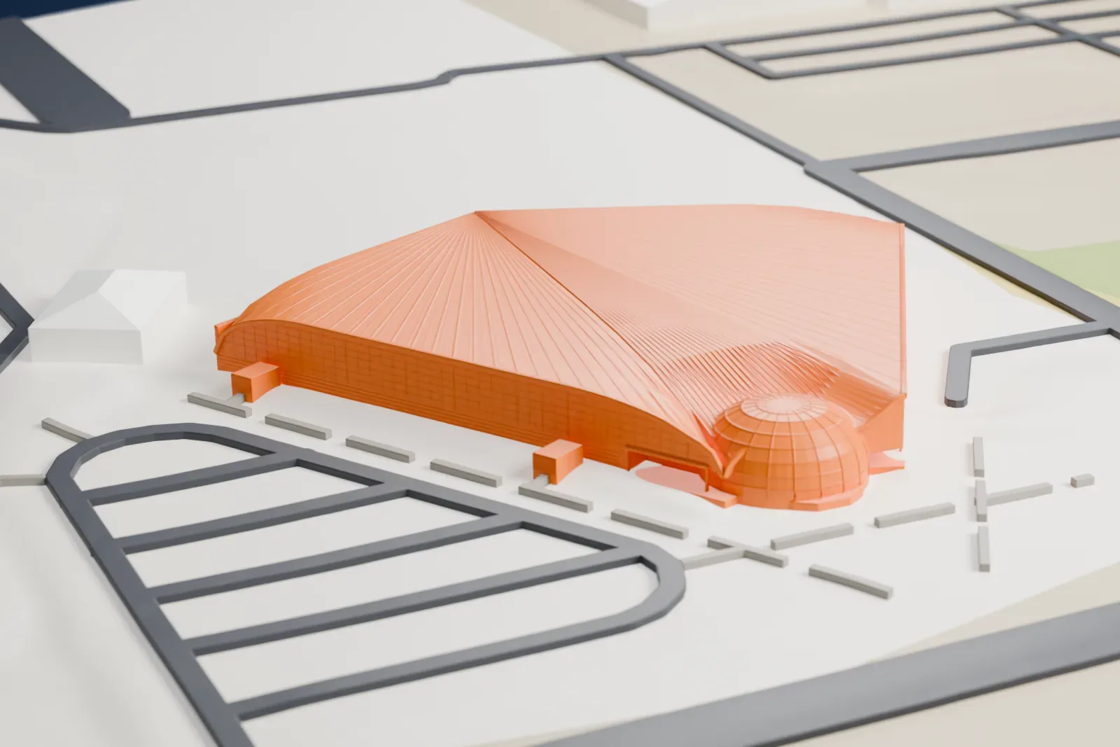 A white 3D print of the Canadian Warplane Heritage Museum hangar, a wide low building with a curved roof and a small dome at one corner, set among roads and open ground.
