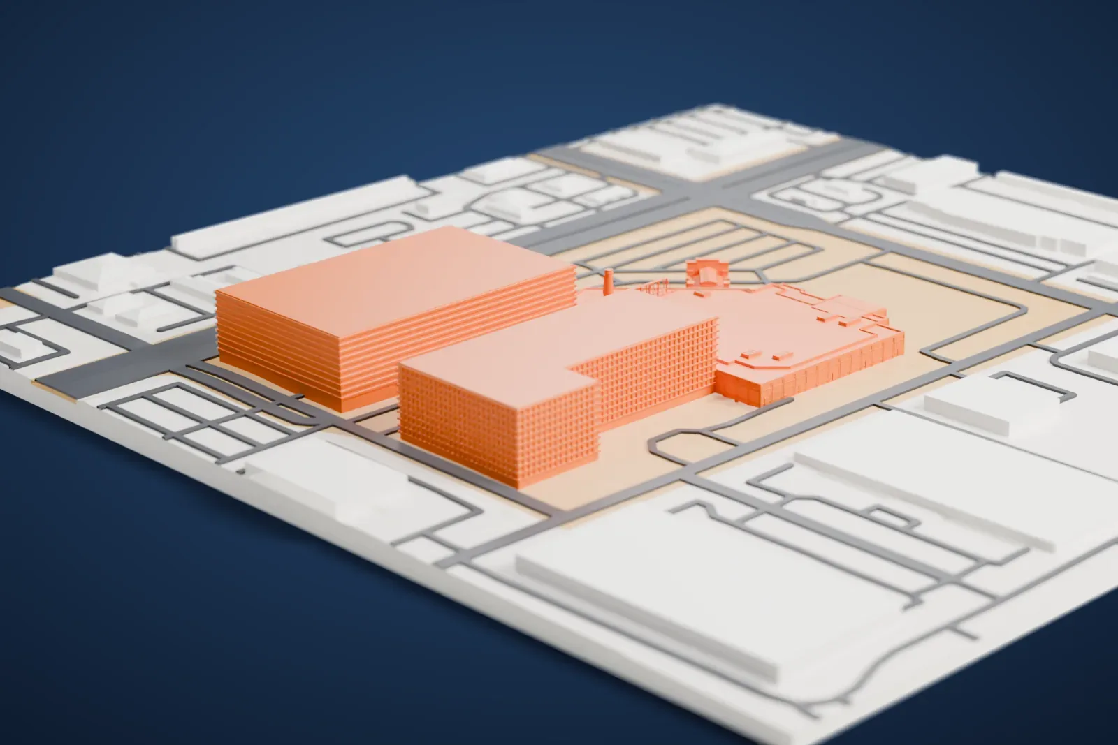 A white 3D print of Cannery Casino and Hotel, a wide casino building with a slim smokestack, roof lettering and an arched entrance gateway, surrounded by parking lots and roads.