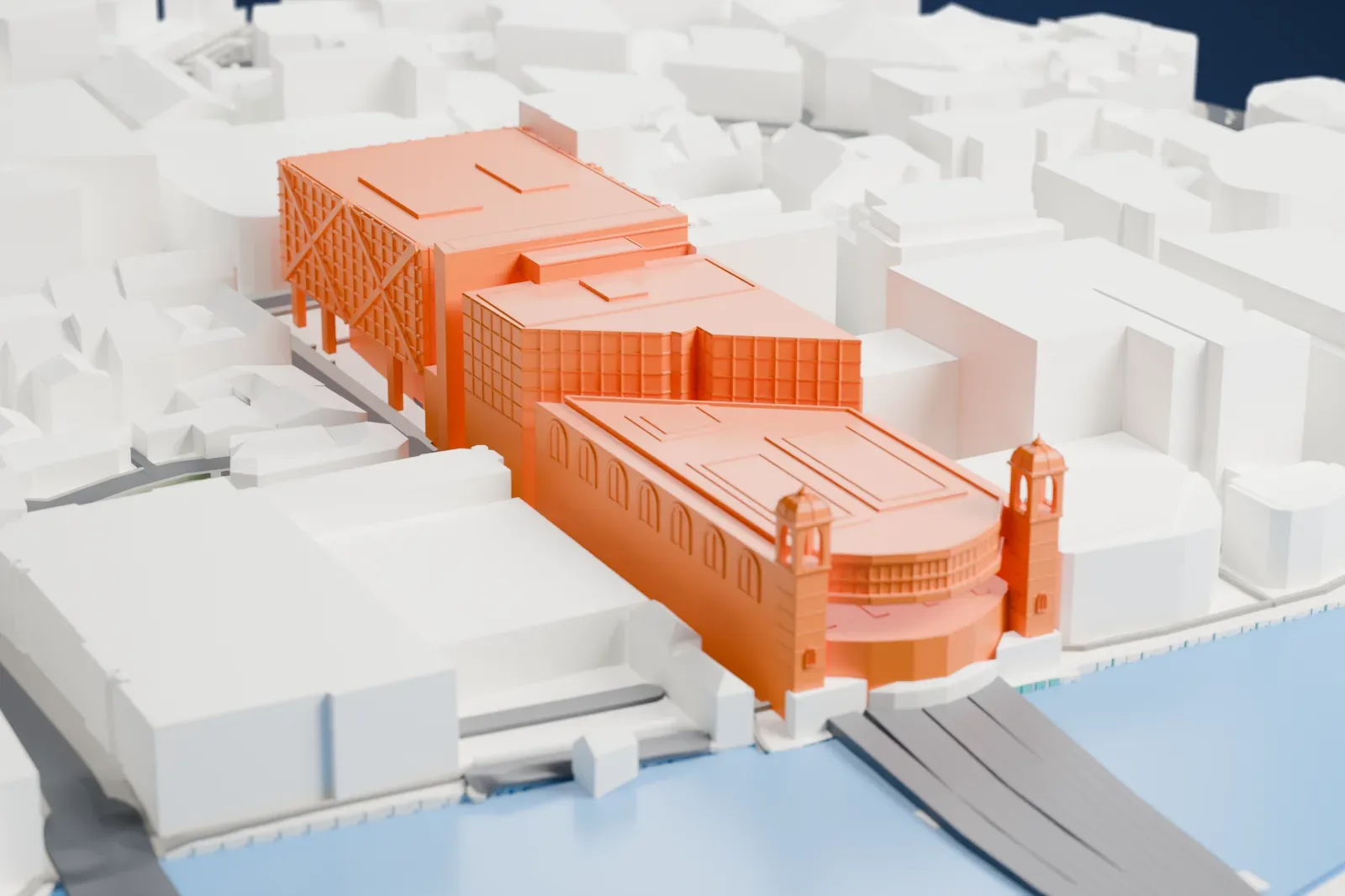 A white 3D print of Cannon Street station, with the streets and buildings of the City of London around it.
