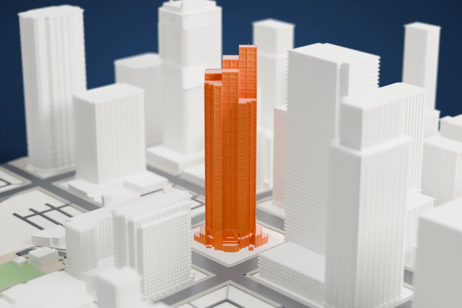A white 3D print of the Canterra Tower among the surrounding streets and buildings.