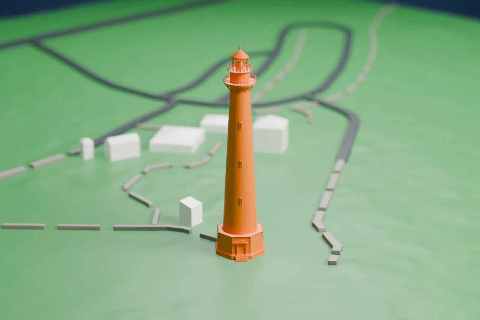 A white 3D print of Cape Hatteras Lighthouse, a tall tapering tower on an eight-sided base with a railed gallery near the top, standing on open green ground with a few small buildings and paths around it.